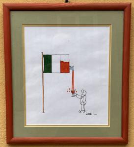 Desenho a tinta da China e pastéis sobre papel assinado por Guarene.