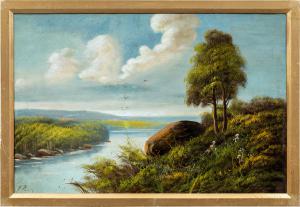 Sidney Richard Percy (Londra 1822 - Bedfordshire 1886) - Paesaggio fluviale con rondini in volo.