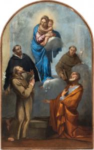 Giulio Carpioni (Venezia 1613 - Vicenza 1678) - Madonna con Bambino tra i santi Giuseppe, Francesco, Domenico e Antonio da Padova.