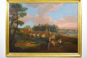 Pittore da Roma seguace di Paolo Anesi, paesaggio romano con Ponte Milvio e figure, olio su tela.