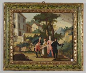 Gentiluomini con dame in un paesaggio, olio su tela, scuola piemontese secolo XVIII