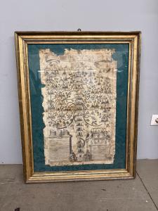 Antica incisione su tela, Albero genealogico del Re del Portogallo XVI sec, 92x72cm.