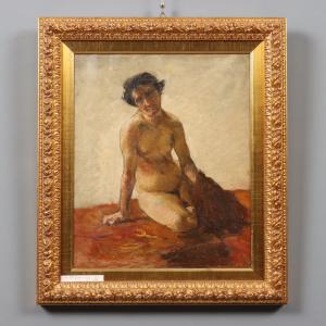 Dipinto di Lorenzo Delleani - Figura Nuda Accosciata 1860 ca.