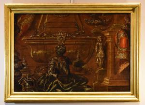 Natureza morta com armaduras, cortinas e esculturas, Antonio Tibaldi (Roma, 1635 c. - post 1675) Oficina de