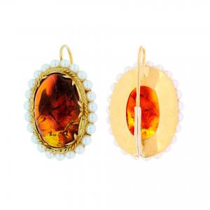 Orecchini in oro giallo con ambra e perle