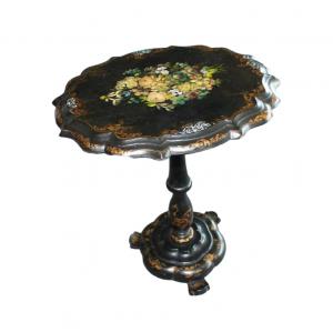 Ebonized wood papier table with paintings and mother-of-pearl inlays