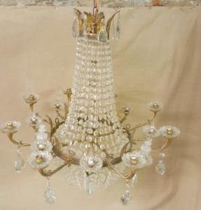 ANTICO grande lampadario a paniera bronzo e cristallo  