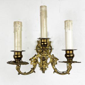 Bronzefarbene Messing-Wandleuchte mit drei Leuchten, antike Wandlampen im Barockstil