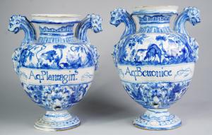 Pair of Savona majolica hydrias, Tromba mark, 17th century