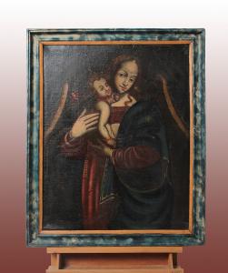 Dipinto Madonna con Bambino Gesù del 1600 Olio su tela italiano con cornice marmorizzata