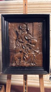 Scultura in rilievo in legno, pannello scolpito "Sacra Famiglia" - XIX sec. 