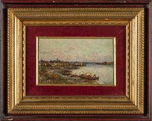 Lorenzo Gignous, Lakeside landscape with boats, oil on cardboard signed and dated