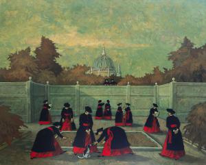 Nino Caffè, "In den vatikanischen Gärten", Öl auf Leinwand, signiert, 1970, Nino Caffè, "At the Vatican Gardens", oil on canvas, signed, 1970