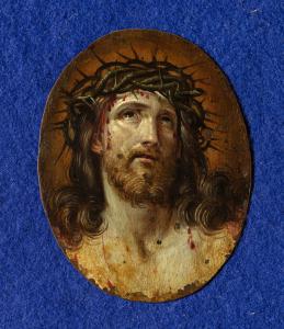 Ferraù Fenzoni  (Faenza 1562 – 1645)  Testa di Cristo coronata di spine  Olio su rame ovale, cm. 6,2 x 4,9