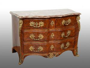 Antique Tombeau chest of drawers in precious exotic wood with France red marble top. 18th century period.