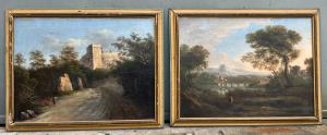 coppia di dipinti "Paesaggio con figure"