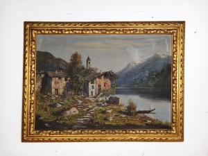 Quadro olio su tela paesaggio montano con lago e montagne-primi '900-118x88 cm!!