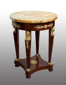 Antique Egyptian Revival mahogany gueridon table with marble top. France 19th century.