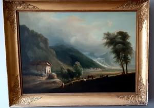 ANTICO DIPINTO PAESAGGIO CON PERSONAGGI DEL XIX SECOLO