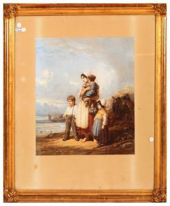 Antiga impressão aquarelada francesa de 1800, jovem mulher com filhos