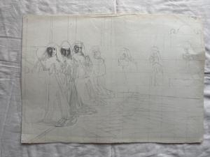 Desenho-esboço a lápis sobre papel com figuras de freiras em oração. (Arquivo Arturo Pietra, Bolonha).