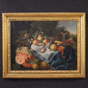 Grande pintura italiana do século XVII, antiga natureza morta com frutas