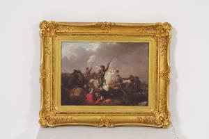 Battaglia su Olio: Opera del XIX Secolo, Dipinto su Tela 53x39 cm