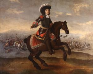Ritratto equestre con scena di battaglia, Adam Frans van der Meulen (Bruxelles 1632 – Parigi 1690) cerchia di 