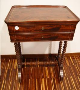 1800s French vanity in Louis Philippe style mahogany feather with inlay and torchon.