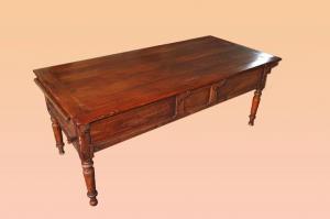 Antique beautiful rectangular French rustic table with cherry wood bread bin from mid-1800s