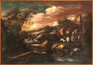 Paisagem com animais e figuras, óleo, Escola Italiana do século XVIII