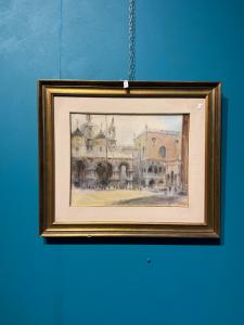 Antikes Aquarellbild Venedig Markusplatz, signiert 1947, 47x37cm, postimpressionistischer Vedutismus