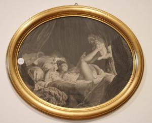 Impressão francesa antiga de 1800 retratando uma jovem