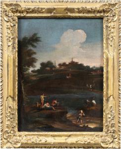 Círculo de Marco Ricci (Belluno 1676 - Veneza 1730) - Paisagem fluvial com figuras.