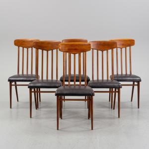 Set 6 sedie design, in mogano e sky, Anni '50, Set of 6 designer chairs, in mahogany and sky, 1950s