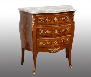 Antique Napoleon III commode in polychrome woods with marble top. France 19th century.