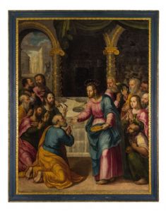 BENEDETTO NUCCI (1515-1587) Fabelhaftes doppelseitiges Ölgemälde auf Leinwand, das "Die Kommunion der Apostel" und "Die Verklärung" darstellt