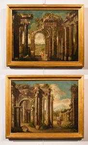 Par de caprichos arquitetônicos, Seguidor de Niccolò Codazzi (Nápoles, 1642 - Gênova, 1693)