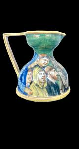 Boccale in maiolica con corpo rastremato e manico angolato.Manifattura Minghetti.Bologna.