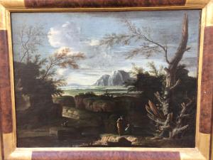 Splendido dipinto olio su tela raffigurante paesaggio con personaggi attribuito a Pietro Montanini (Perugia 1619-1689)