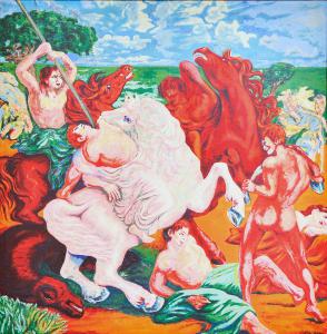 Aligi Sassu, "La Battaglia", serigrafia polimaterica, firmato, Epoca '900, Aligi Sassu, “The Battle,” mixed-media silkscreen, signed, 20th century
