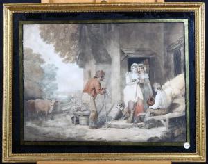 Antique English watercolor from the 1800s "Rustic Sympathy" with animals and characters