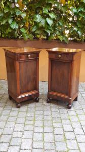 Pair of antique Louis Philippe cappuccino bedside tables with throat, in walnut and burr walnut