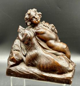 Scultura in Legno Scolpito - Putto con Cane Epoca: XIX secolo
