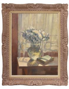 ALTE GEMÄLDE VON BLUMEN, STILLLEBEN MIT VASE VOLL WEISSER NELKEN, ÖL AUF LEINWAND, ANFANG XX Jh. (QF691)