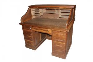 Scrivania A Serrandina Americana di inizio 1900 In Legno di Rovere