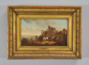 JFJ Swebach (Francia 1769 1823) Sosta di cavalieri, olio su tavoletta