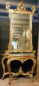 SPECC556 - Consolle con specchiera in legno intagliato e dorato, epoca '700, misure massime cm L 155 x H 315 x P 53