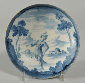 Savona white and blue ceramic plate with character, Lanterna mark, 18th century