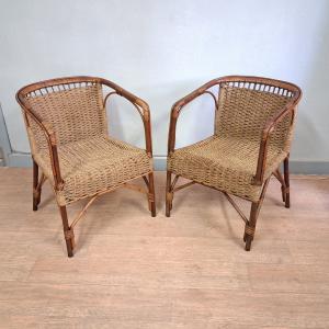 Rara coppia di poltrone poltroncine in bamboo e corda , originali anni '40